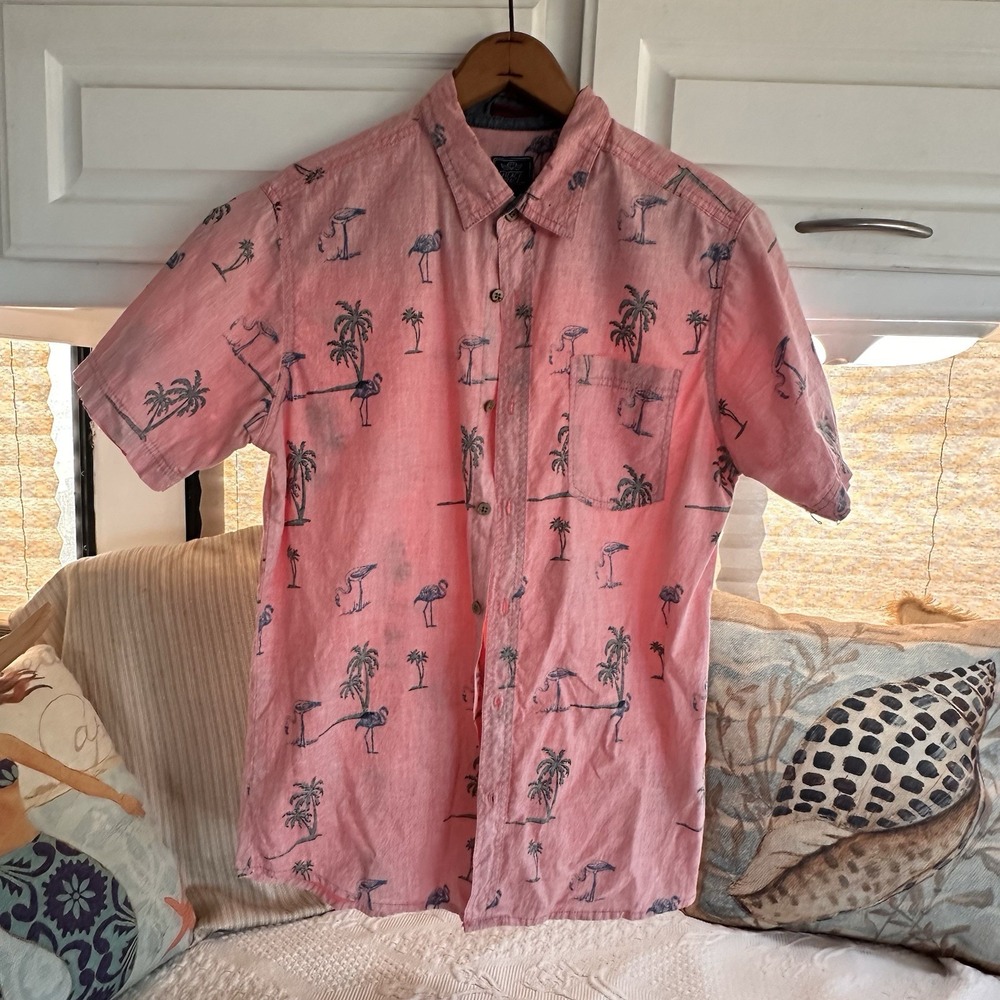 Black‎ Jack Flamingo Hawaiian Camp Shirt Size M Men's Button Up Pink 100% Cotton